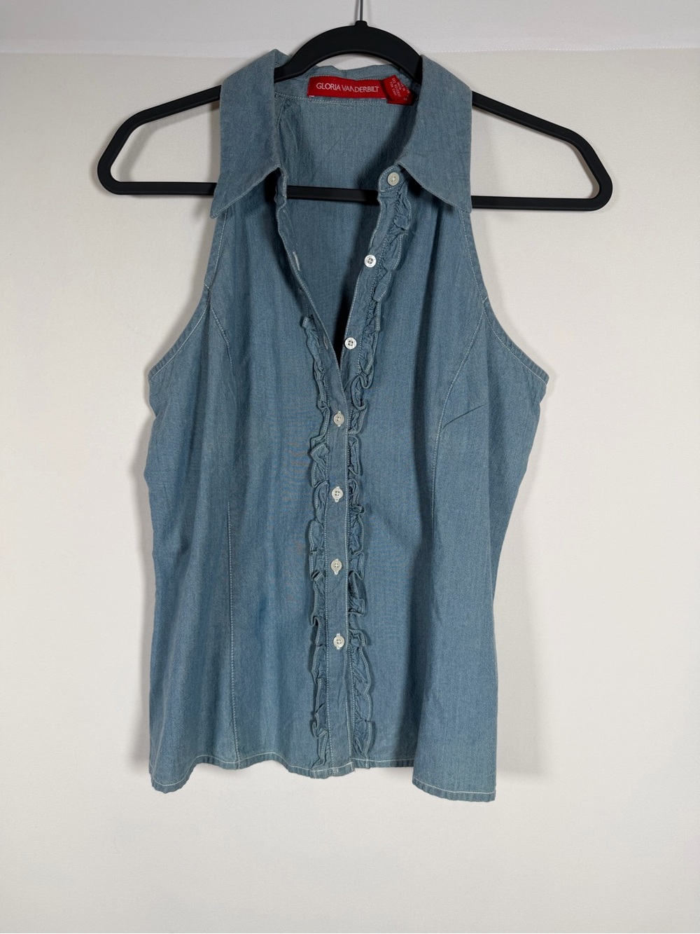 Western Cowgirl Sleeveless Denim Ruffle-Trim Shirt - Light Blue, Layering